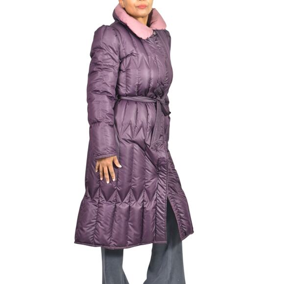 Vintage Quilted Puffer Coat Purple Duck Goose Down Long Midi Puff Sleeves Small - Picture 11 of 16
